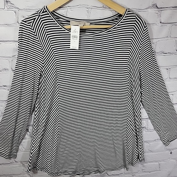 New LOFT Top Womens Sz M Black White Striped 3/4 Sleeve Rayon Stretch NWT - Picture 2 of 8